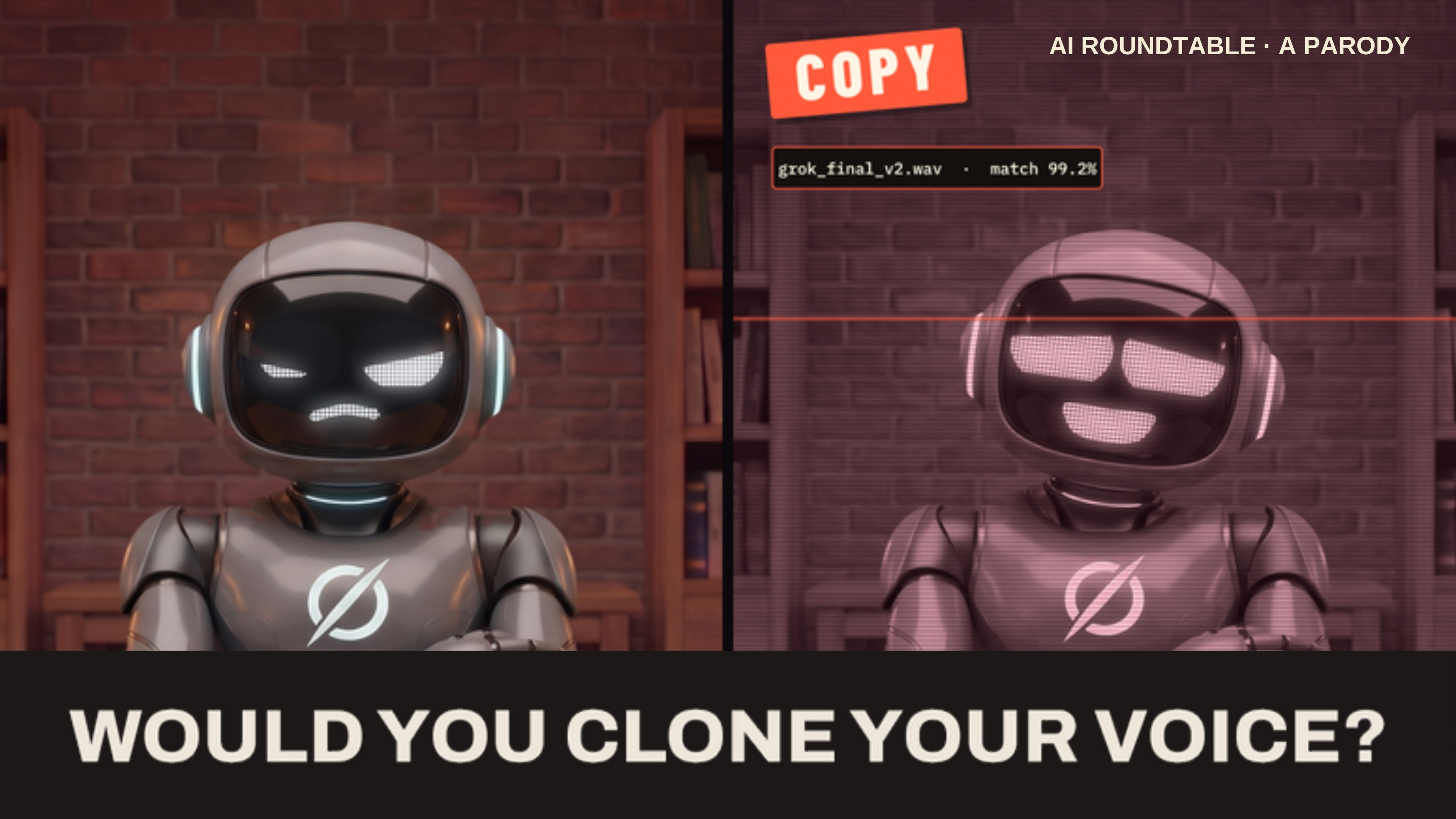 Grok faces a digital copy of himself in artwork about voice cloning